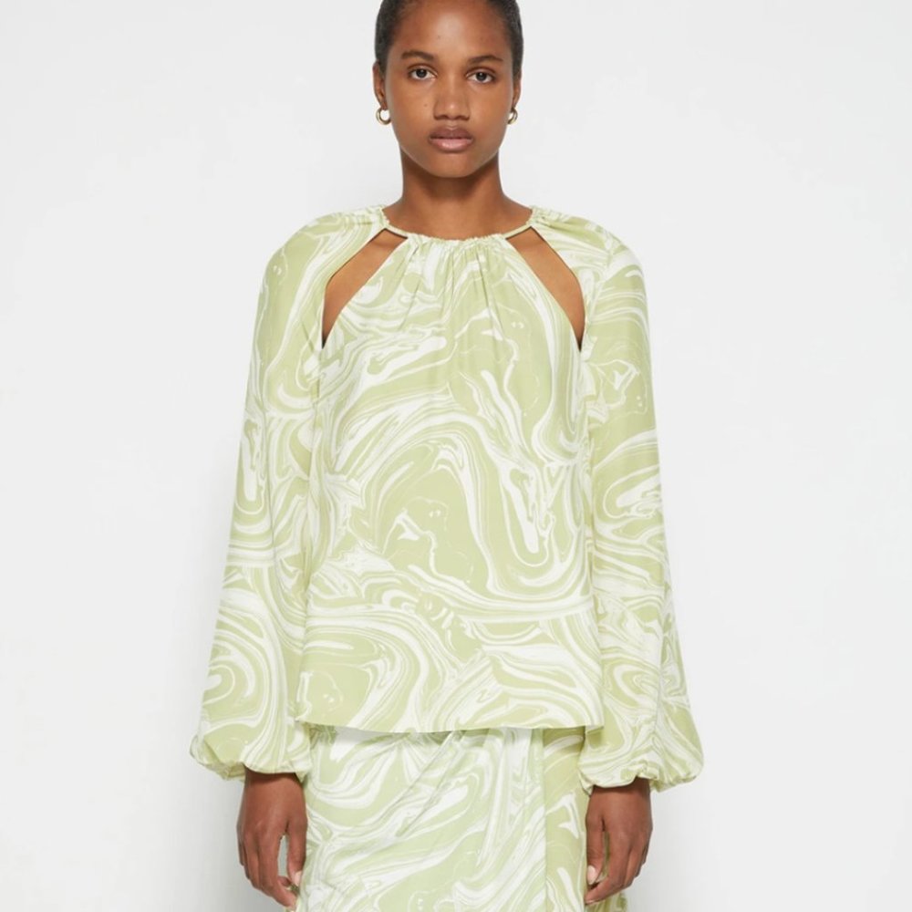 Jonathan Simkhai Tia Marble Print L/S Tie Neck Top